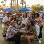 Friends in sun hats gathered around a table at Soul Springs Festival