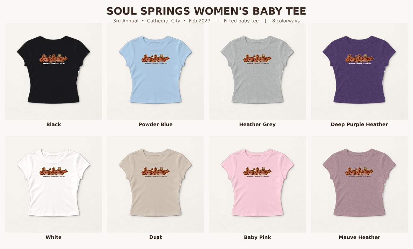 Soul Springs womens baby tee in eight colors: black, powder blue, heather grey, deep purple heather, white, dust, baby pink and mauve heather