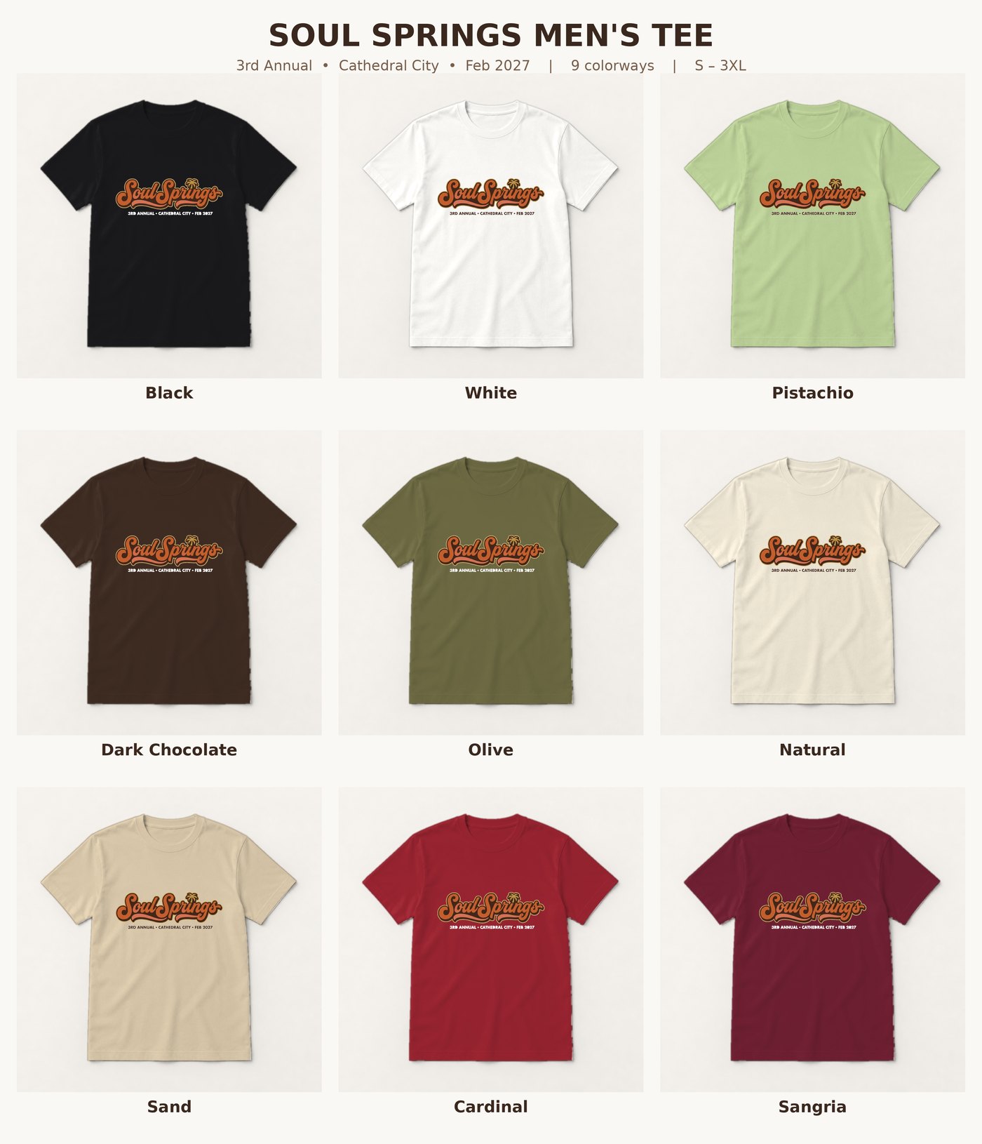 Soul Springs unisex tee in nine colors: black, white, pistachio, dark chocolate, olive, natural, sand, cardinal and sangria